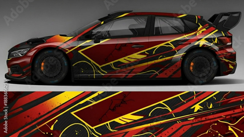 Dynamic red and yellow graphic wrap design on a rally hatchback car, showcasing abstract lines and grunge textures.