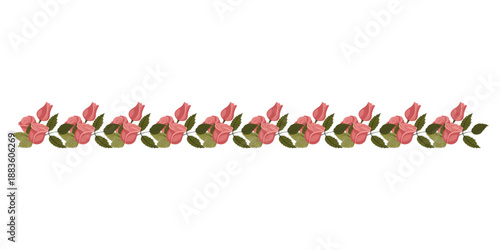 A border of bright pink, sweet, graceful roses and leaves for your design. Vector illustration isolated on a white background.