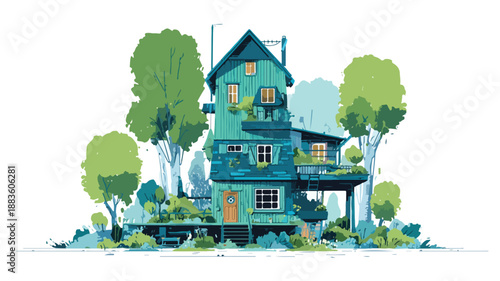 Modern Blue and Green House with Additional House on Top - Vector Illustration