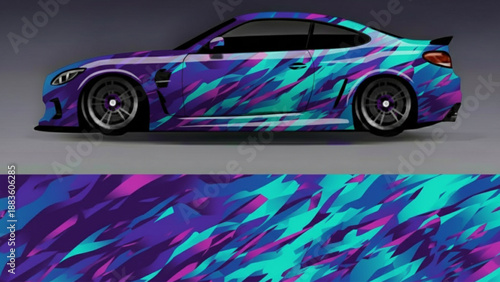 Blue sports car with an abstract icy flame graphic wrap design, showcasing the vehicle's side profile and a detailed view of the vibrant decal.