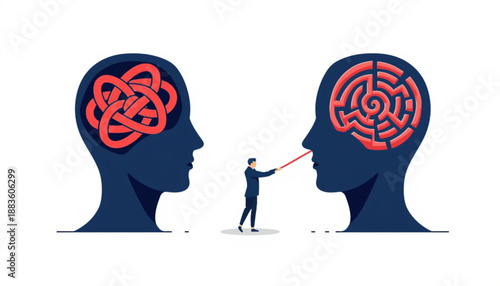 A man trying to solve a maze in another persons head while the other person has a complicated knot in their mind mental health
