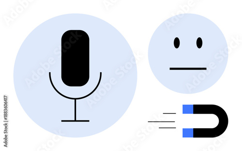 Digital technology, speech recognition, AI assistance, human interaction, user interface, attraction. Microphone, face and magnet icons on a light background. Technology and speech recognition