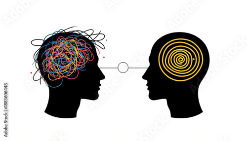 Two black silhouette heads with one having a colorful tangled brain and the other a yellow spiral mental health