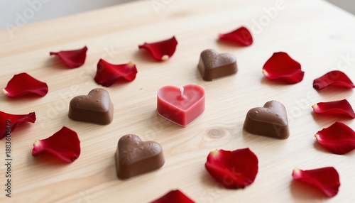 Rose petals and heart-shaped candles arranged with romantic chocolate decorations.