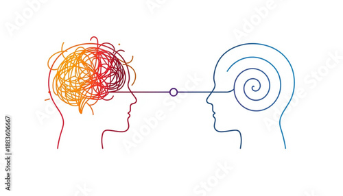 A colorful illustration of two human heads in profile with a line connecting them representing communication or sharing of ideas and thoughts mental health