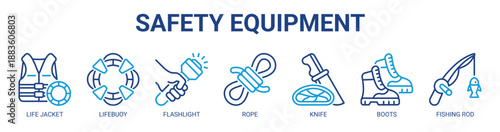 Safety Equipment web banner icon vector illustration concept with icon of first aid kit, life jacket, lifebuoy, flashlight, rope, knife, boots.