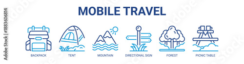 Mobile Travel web banner icon vector illustration concept with icon of camper van, backpack, tent, mountain, directional sign, forest, picnic table.