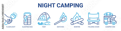 Night Camping web banner icon vector illustration concept with icon of lantern, flashlight, sleeping bag, tent, matches, bonfire, folding chair.