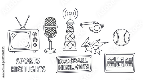 Sports and broadcast elements collection tv microphone scoreboard illustrations