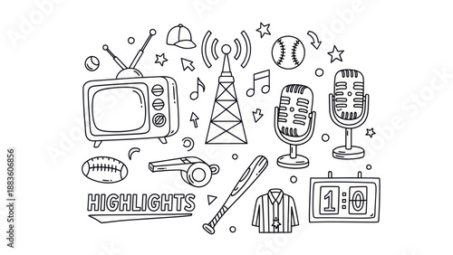 Sports and entertainment doodle art television radio and sporting equipment