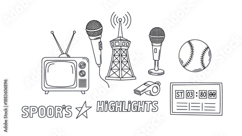 Sports and media icons in black and white for design and illustration