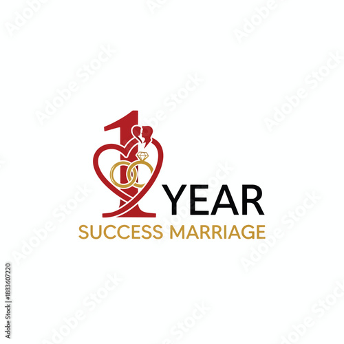 First Year Marriage Anniversary Emblem with Rings, Couple Silhouette, and Heart Design