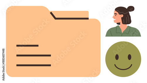 Organization, teamwork, communication, user identification, productivity, positivity. Large folder icon, female profile and happy face graphic. Organization and teamwork concept