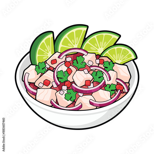 Vibrant vector illustration of a fresh seafood ceviche bowl with zesty lime wedges and red onion