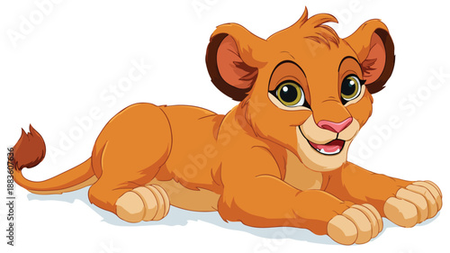 Cute Cartoon Baby Lion Smiling with Outline - Vector Illustration