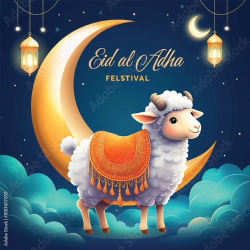 Eid al Adha Festival Illustration with Cute Sheep and Crescent Moon – Colorful Islamic Holiday Night Design