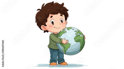 Cartoon Boy Posing with Globe Vector Illustration Isolated on White Background