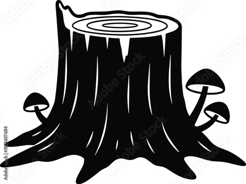 Minimal vector silhouette, old tree stump with visible growth rings and small mushrooms growing on the side, solid black, isolated on white.