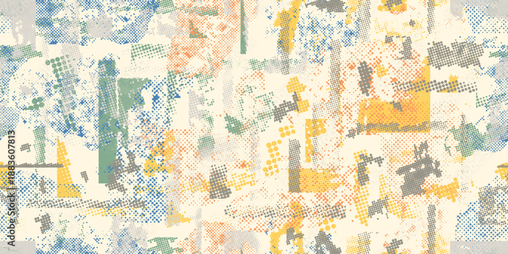 Fototapeta premium Colorful halftone dots and speckled seamless pattern, abstract decorative background for modern packaging, wrapping paper, and textile design. Vector transparent endless pattern.