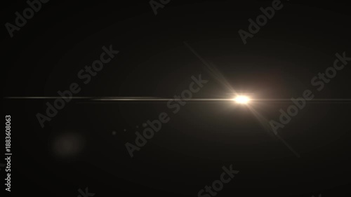 Dynamic golden lens flare with a horizontal light ray and scattered light orbs creating a warm, energetic glow on a deep black backdrop for creative overlays.