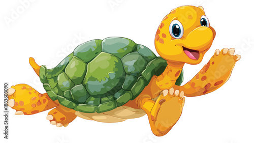 Playful Cartoon Turtle Waving on White Background Vector Illustration