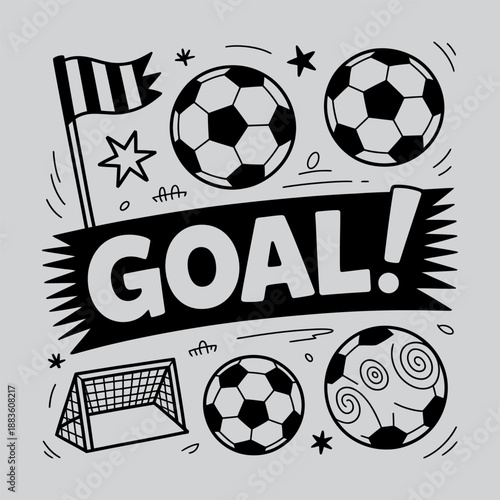 Classic Goal Text Banner for Soccer Sports with Goal Post and Football Doodle Elements