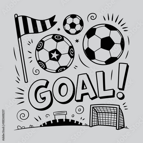 Playful Soccer Goal Graphic with Stadium Silhouette, Footballs, and Flag Illustrations