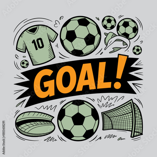 Colored Soccer Elements Doodle Set with Jersey, Stadium, Goal Banner, and Footballs
