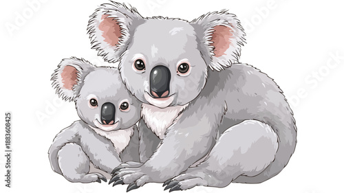 Cute Cartoon Illustration of Mother Koala and Baby Koala with Outline Isolated on White Background