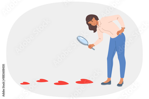Woman searching for boyfriend and follows trail of hearts on ground, holding magnifying glass in hands. Lady in search of romantic relationship and genuine love and passion to create strong family