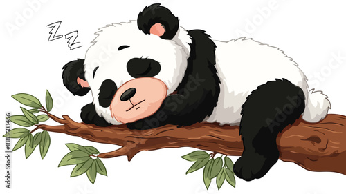 Cute Cartoon Panda Sleeping on Tree with Outline Vector Illustration
