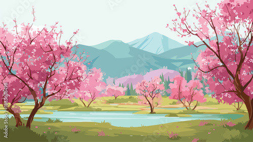 Vibrant Cherry Blossom Park Spring Landscape Vector Illustration