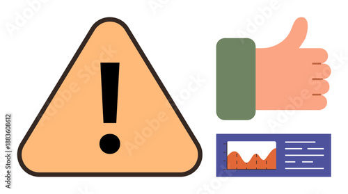 Safety, approval, data analysis, positive feedback, risk management, business performance. A triangle warning sign, a thumbs-up hand and a graph chart. Safety and approval concepts
