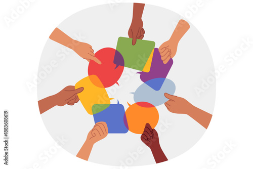 Exchange of opinions and discussion of important issues between people holding dialogue boxes in hands. Conversation bubbles as metaphor for exchange of opinions and collective feedback