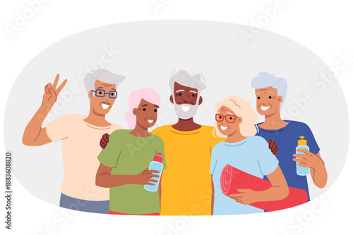 Elderly people with sports equipment for fitness or running and yoga outdoors, posing for group portrait. Active retirees go in for sports after retirement to maintain health and well-being