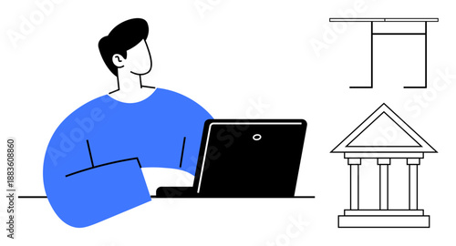 Online education, law concepts, government, e-learning, civic awareness, modern institutions. A man sits with a laptop, accompanied by a building and table illustrations. Online education and law