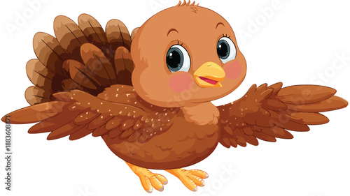 Adorable Baby Turkey Bird Cartoon with Outline Vector Illustration