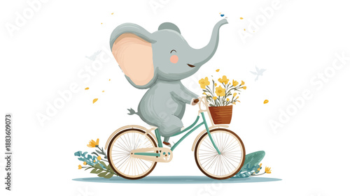 Cute Elephant Riding Bicycle on White Background Vector Illustration