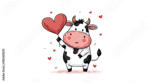 Adorable Cow Cartoon Holding Heart - Love Vector Illustration