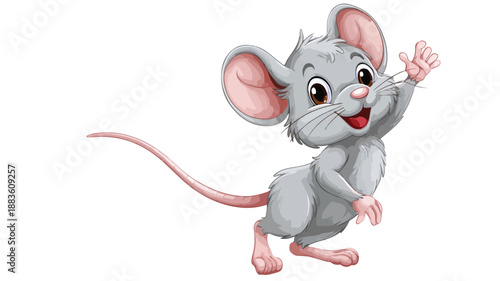 Adorable Cute Mouse Cartoon Waving Vector with Outline Isolated on White Background