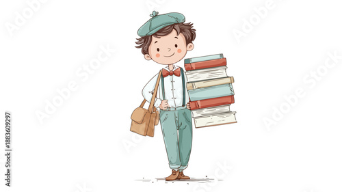 Adorable Schoolboy Carrying Books Vector Illustration with Outline Isolated