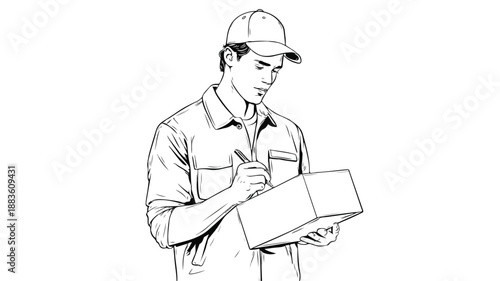 Professional Delivery Man Holding Package and Clipboard Vector Outline Illustration