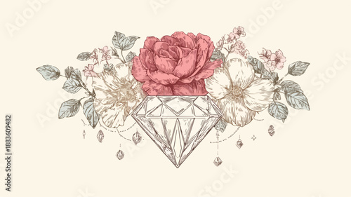 Elegant Diamond and Flower Line Art Design Vector Illustration