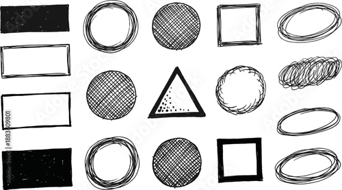 Set of hand-drawn sketchy geometric shapes including circles squares and triangles.