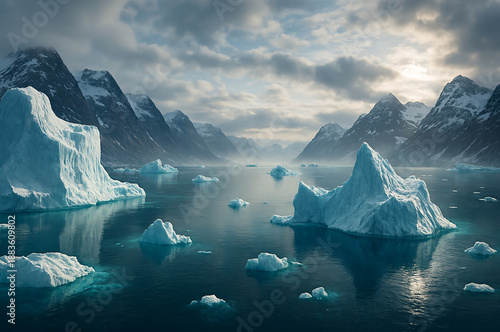 Sermilik Icefjord Greenland panoramic landscape with icebergs and snow-covered mountains
