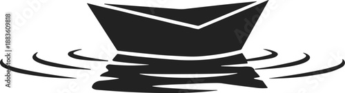 Minimal vector silhouette, small paper boat floating on calm water ripples, solid black, isolated on white.