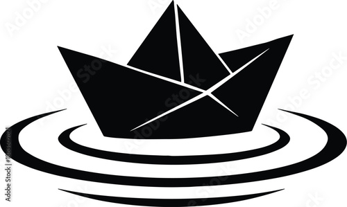 Minimal vector silhouette, small paper boat floating on calm water ripples, solid black, isolated on white.