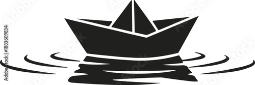 Minimal vector silhouette, small paper boat floating on calm water ripples, solid black, isolated on white.