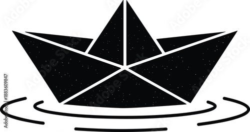Minimal vector silhouette, small paper boat floating on calm water ripples, solid black, isolated on white.
