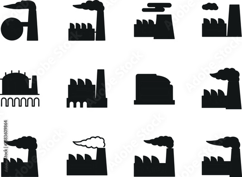 Black silhouette icons of industrial buildings and factories with smokestacks, chimneys, and pollution elements for manufacturing, energy, and environmental design themes